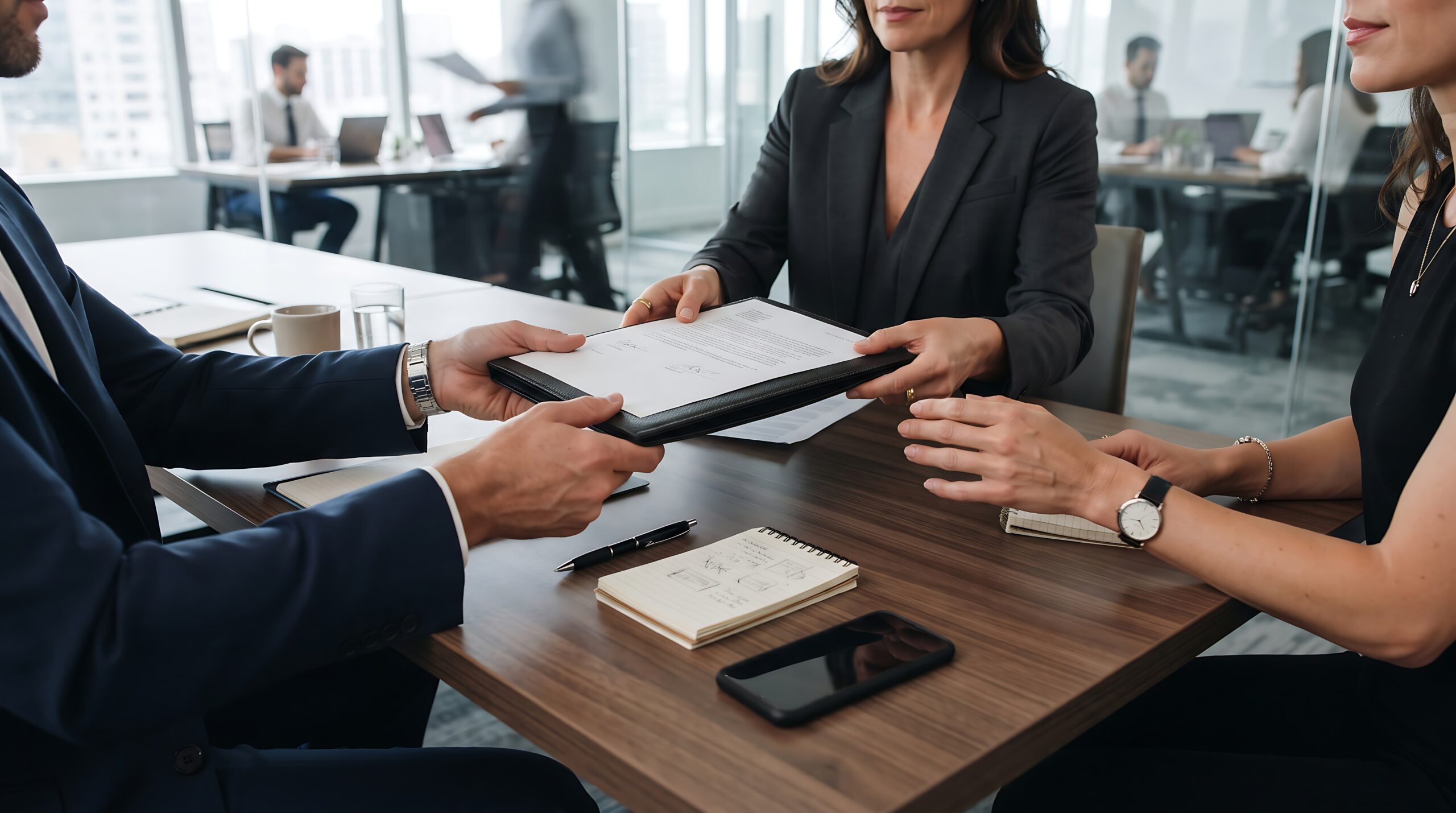 3 personnes autour d'un contrat, ambiance cabinet d'affaires