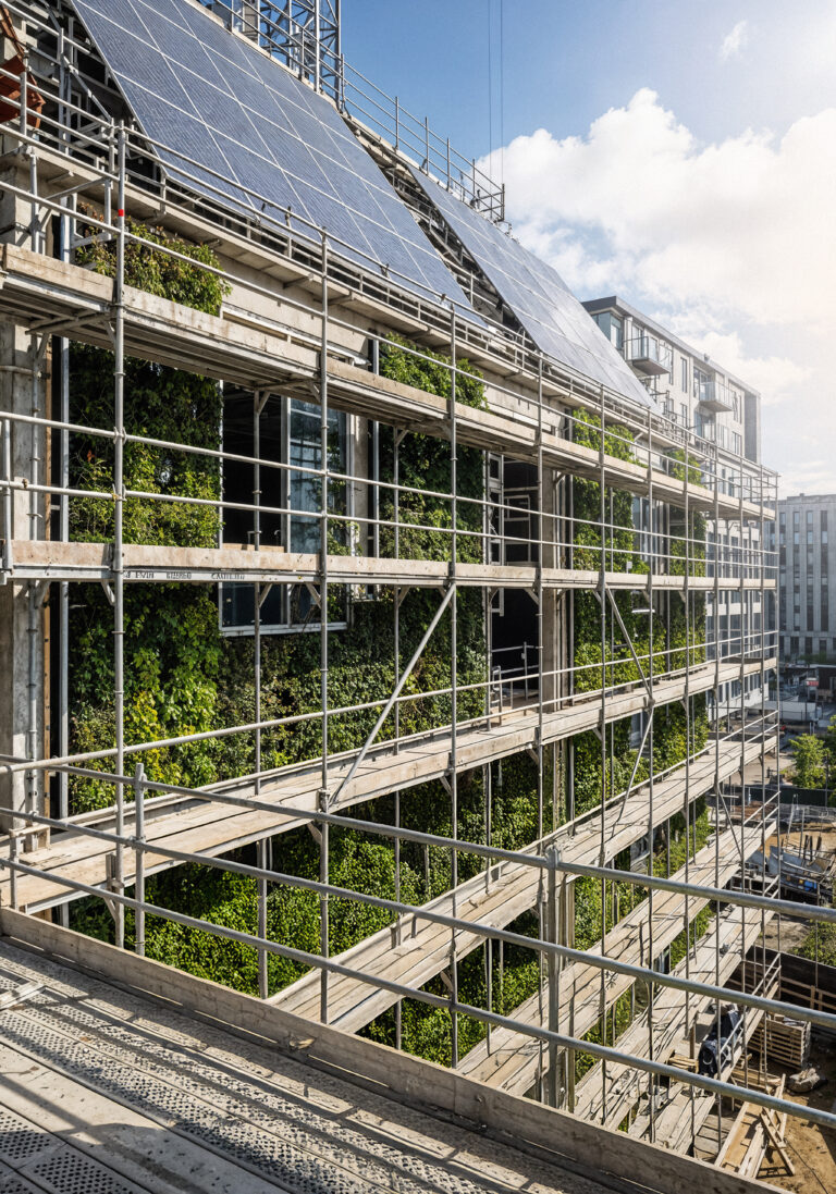 Échafaudages sur la façade d'un immeuble en rénovation